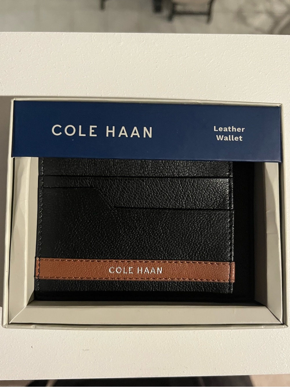 Cole Haan Black Leather Card Holder with Brown Trim